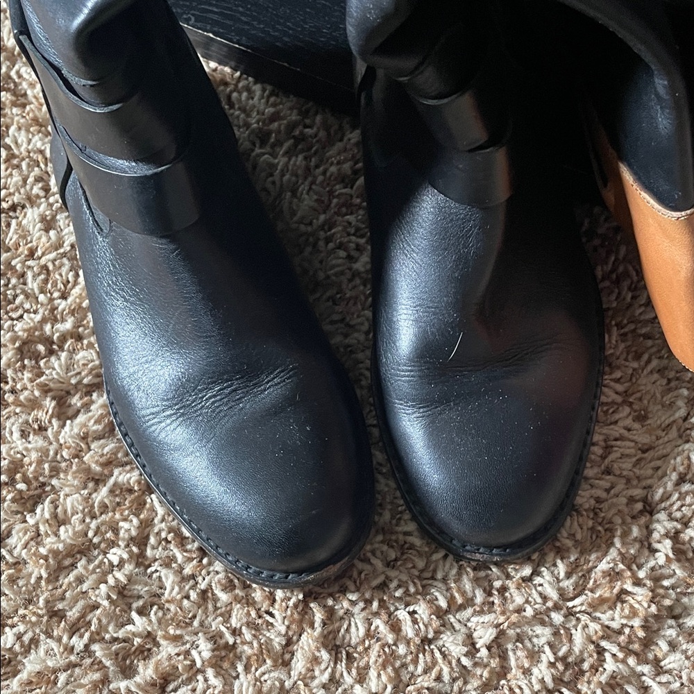 Rachel Zoe Black Leather Riding Buckle Boots with Tan Trim - Picture 4 of 11